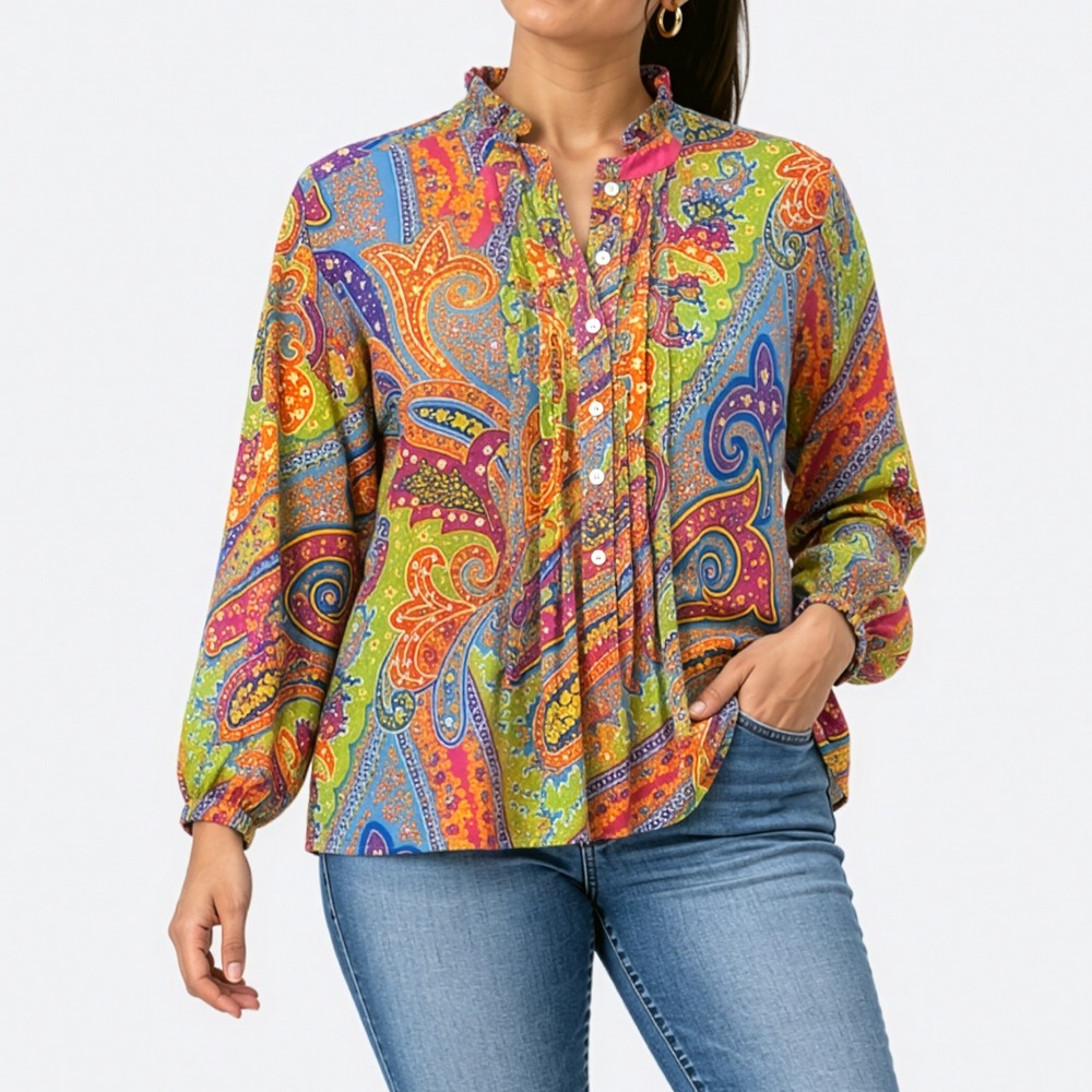 Lauren Ralph Lauren 100% Cotton Pintuck Ruffle Multi Paisley Blouse Top M/L